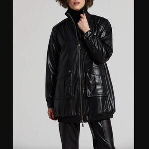 $595 Adroit Atelier Black Faux Leather Petra Long Bomber Jacket size Small